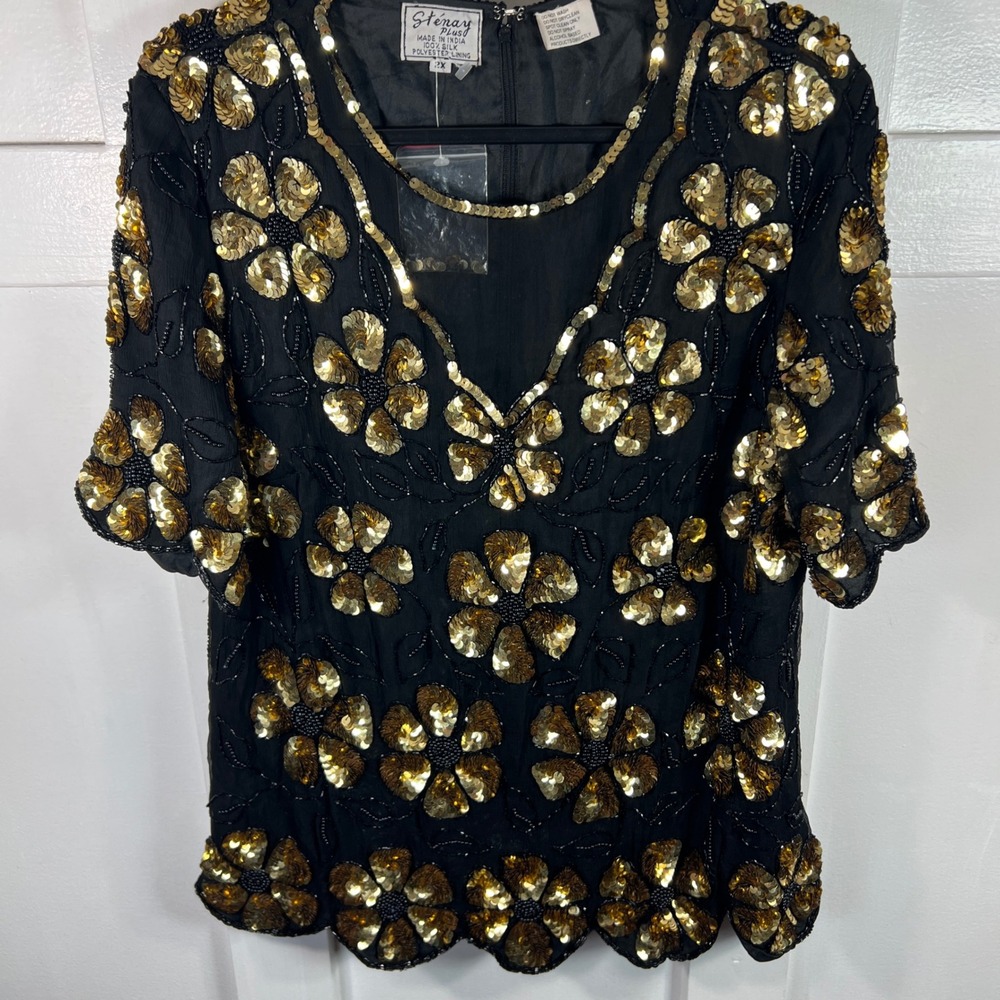 Stenay Plus 2X Black Silk Gold Sequin Floral Beaded V-Neck Evening Blouse Top